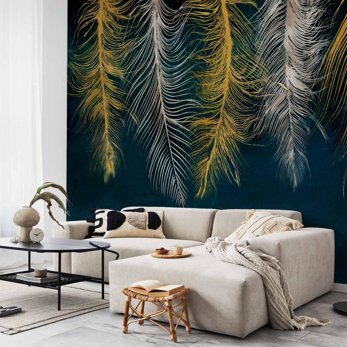 artgeist Premium Wall Mural Feather 157x110 in - Non-Woven Wallpaper Fleece Wall Decor Photo Print Picture Image Design Landscape Abstract Beige Navy Blue b-A-0812-a-a