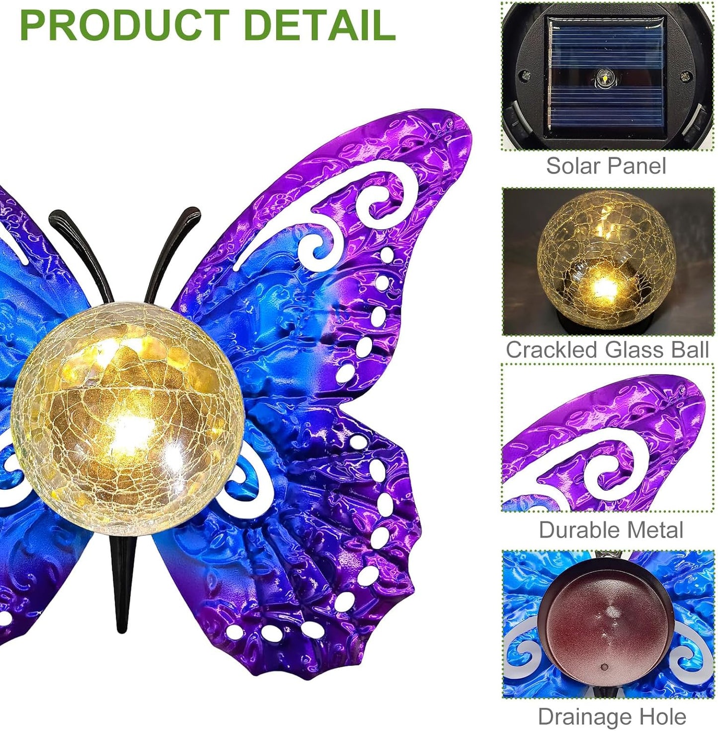Solar Lights Outdoor Garden Butterfly Decor, Metal Butterfly Statue Decoration with LED Crackle Glass Globe, Solar Powered Lighted Garden Art Decor for Patio Lawn Yard Pathway Tabletop Ground