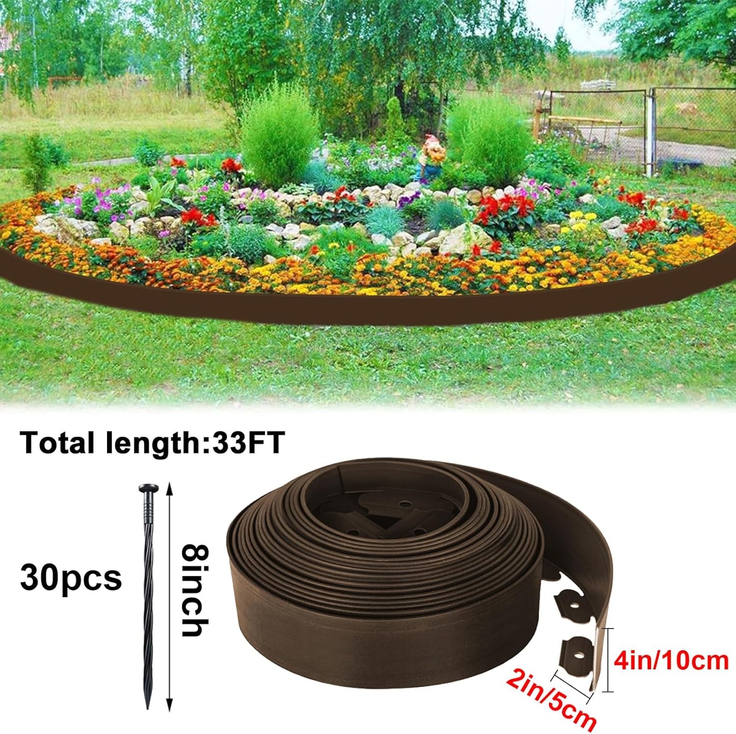 Landscape Edging Border 33 FT with 30 Spikes,No Dig Garden Edging Lawn Border [Extra Tall 4IN High],Flexible Lawn Edging for Landscaping Flower Beds Yard Pathway (Brown)