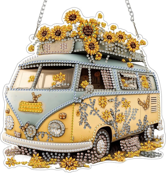 EOBROMD Diamond Hanging Art Kits for Adults, Travel Bus Suncatcher Diamond Art Painting, DIY Special Shaped Rhinestone Kits for Adults, Window Pendants Home Garden Wall Hanging Ornament