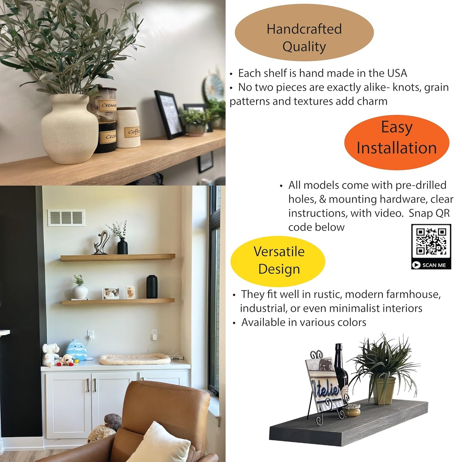 joelsantiques 54 Inch Wooden Floating Shelves for Wall - 54x8x2 in - Made of Natural Wood - Long Heavy Duty Rustic Wall Shelves for Bedroom - Perfect for Living Room, Kitchen - Natural