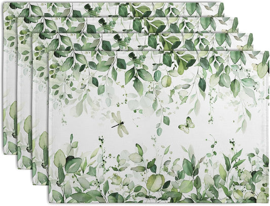 Sage Green Leaf Placemats Set of 4 Eucalyptus Leaves Place Mats 12×18 Inch Spring Summer Rustic Vintage Farmhouse Washable Linen Fabric Table Mats for Party Kitchen Dining Outdoor Indoor Decor