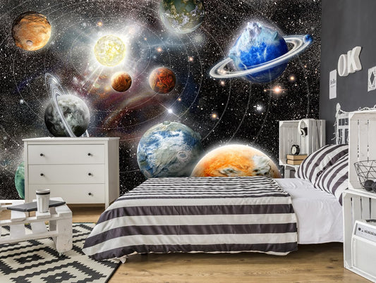 Galaxy Starry Sky Wall Mural Saturn Mars Venus Planet Wallpaper for Kids Room Bedroom Living Room(Not Peel and Stick)