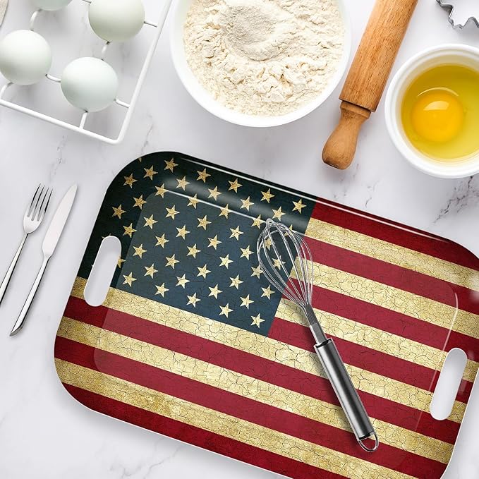 Serving Trays with Handles, 14.5 x 9.8 inch Rectangular Plastic Tray for Restaurant, Kitchen, Vintage United States of America Flag