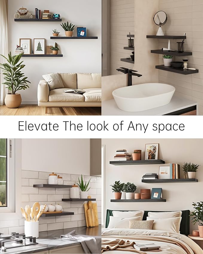 BAYKA Floating Shelves for Wall, 22.5 inches Wall Mounted Rustic Wood Shelves for Bathroom, Bedroom, Living Room, Floating Shelves for Books/Storage/Decor (Black,Set of 3)