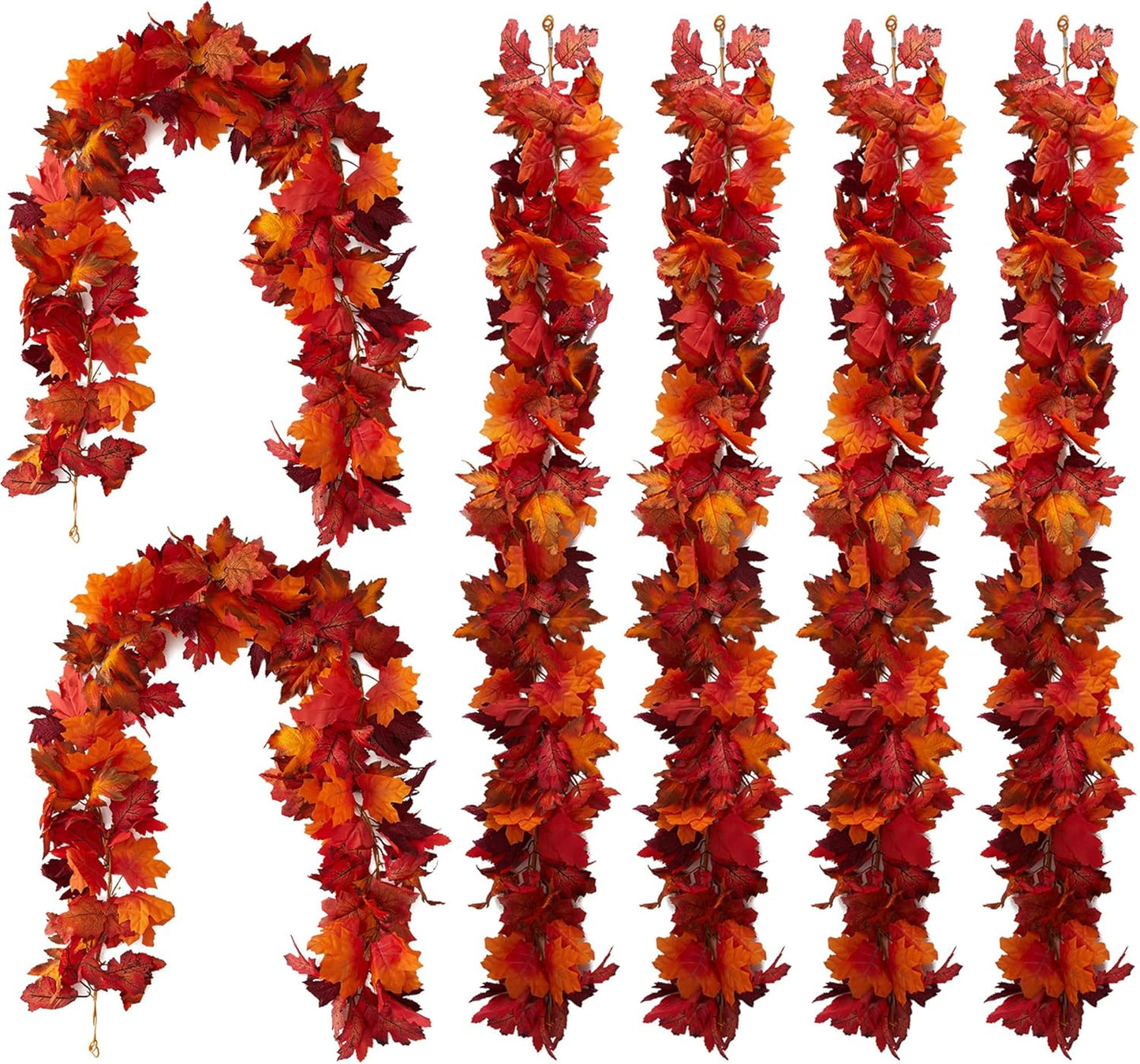 Party Joy 6PCS Artificial Maple Leaf Garland - 5.6Ft Autumn Red Fall Decor for Front Door, Table & Wall, Thanksgiving Garland Hanging Vines with Realistic Leaves