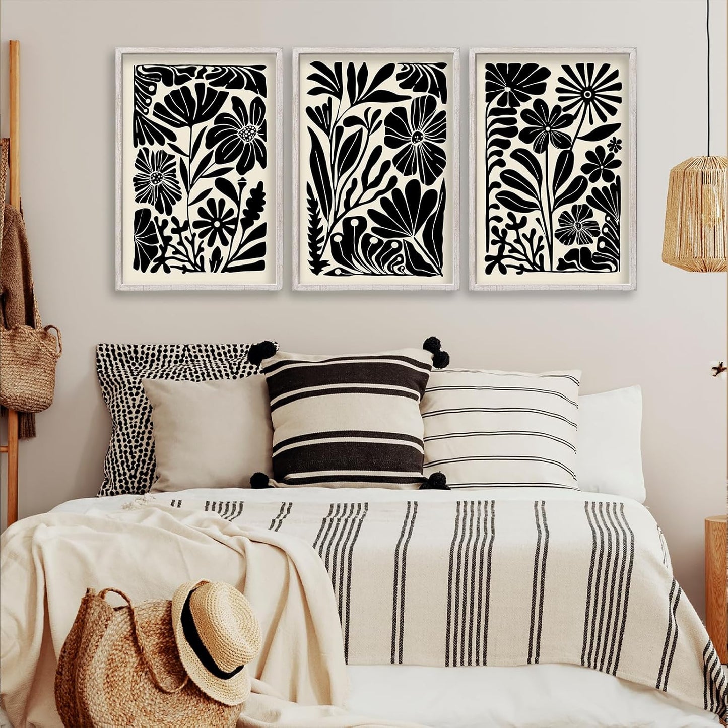 Abstract Floral Botanical Wall Art 16x11 Inch 3 Piece Black Vintage Boho Plant Flower Minimalist Wood Frame Sign Home Living Room Family Office Mid Century Print Wall Hanging Decor (White)