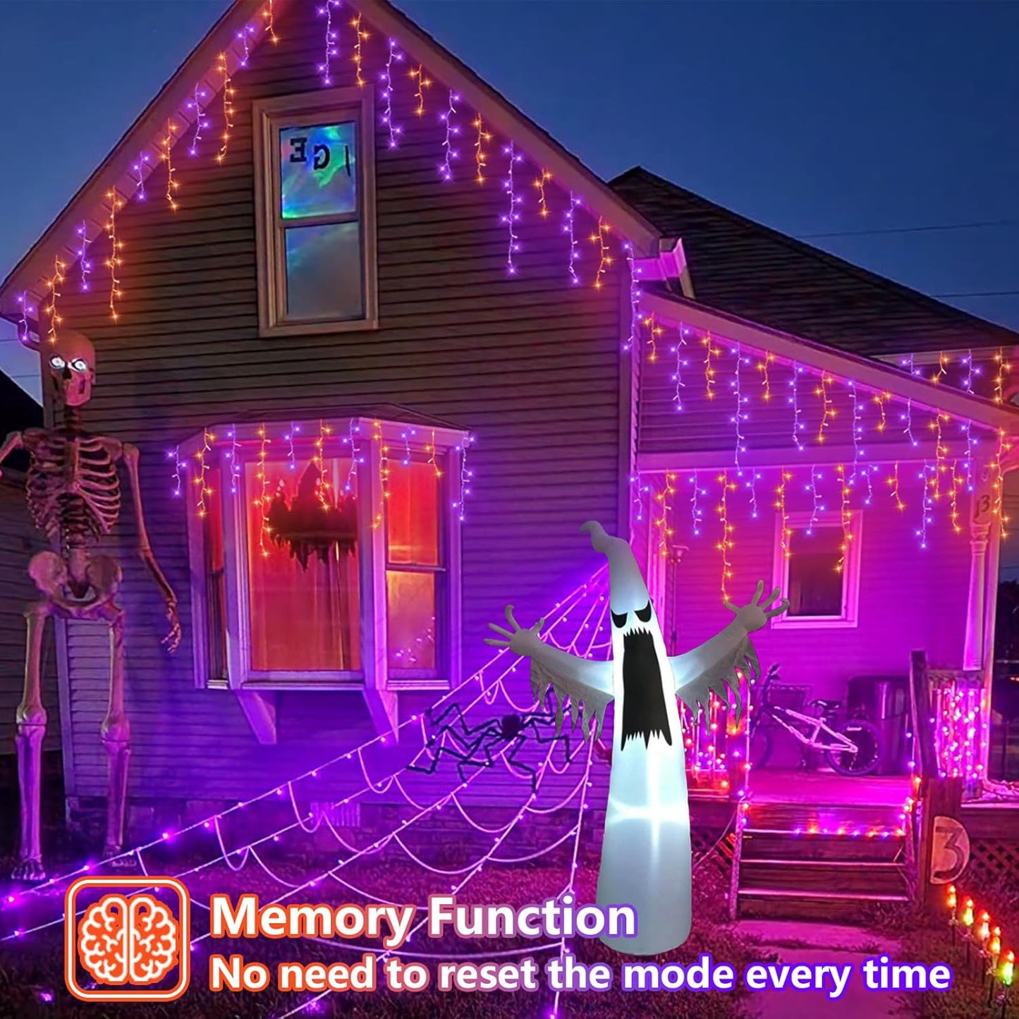 YEGUO 66ft 800 LED Orange and Purple Icicle Halloween Lights, 160 Drops Icicle Lights Connectable, 8 Modes Icicle Christmas Light with Memory Timer