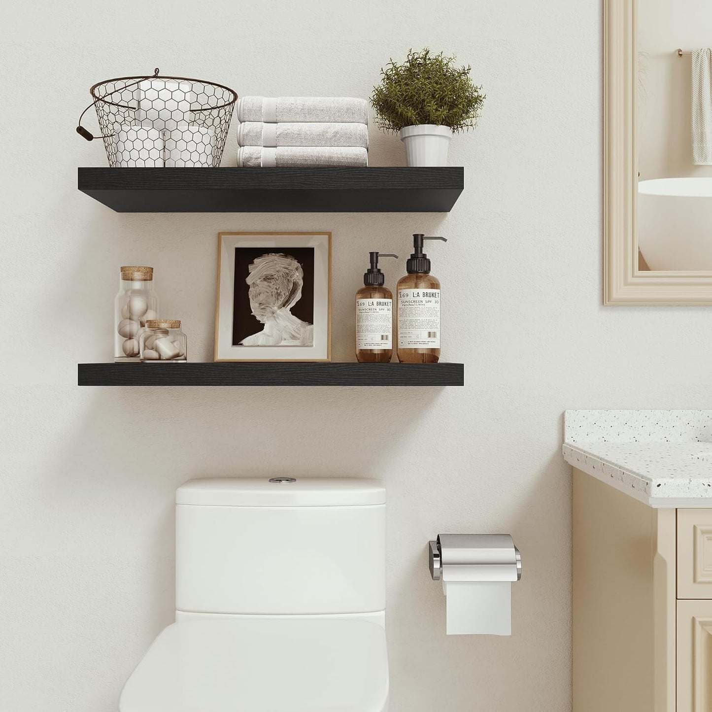 Black Floating Shelves for Wall Mounted, 24 inchs x 9.1” Deep x 1.5” Thick Wall Shelves for Bedroom, Living Room, Bathroom，Kitchen, Office, Home Decor Shelf with Invisible Bracket - Set of 2