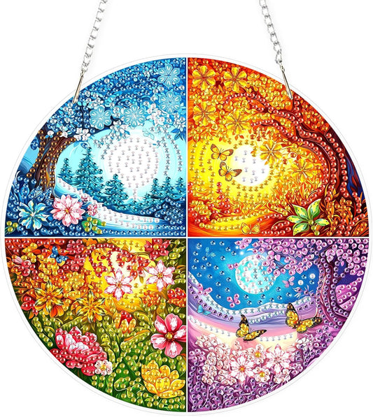 Lxmsja DIY Four Seasons Diamond Painting Hanging Ornament, Double-Sided Acrylic Landscape Diamond Art Kit, Special Shaped Drill Pendant Window Art Kit, Suncatcher Hanging Craft Decoration 8x8 inch