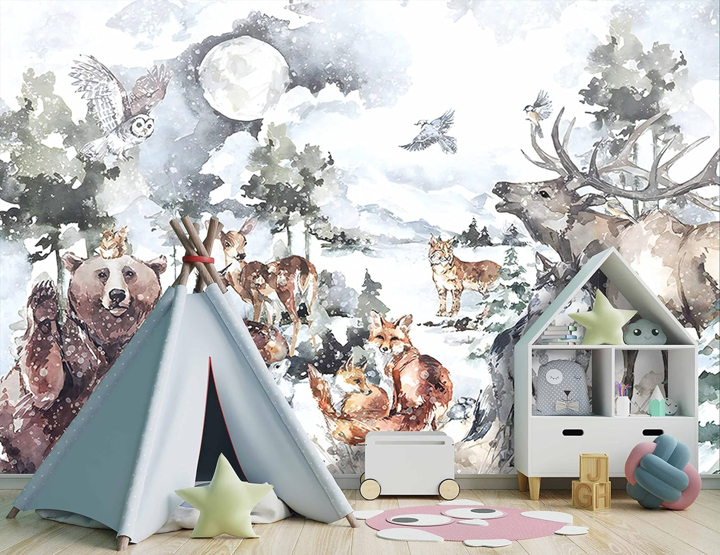 Boys or Girls Cartoon Watercolor Animals wallpeper Nursery Kids Bedroom Wall Mural - 160"x108"（Not Peel and Stick）