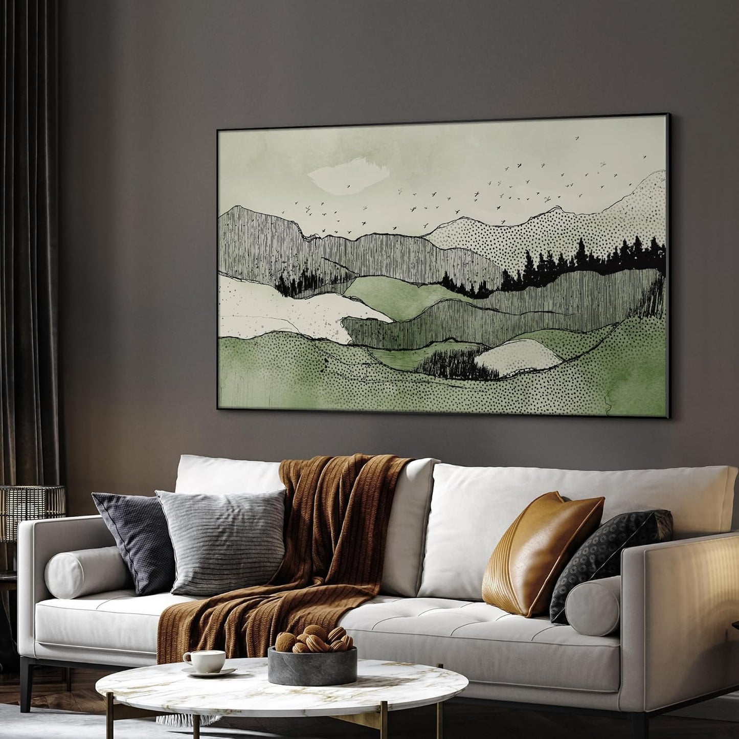 SIGNWIN 36"x60" Extra Large Framed Wall Art Green Line Art Mountain Landscape Illustration for Home Living Room Bedroom Decor (Frame Assembly Required)