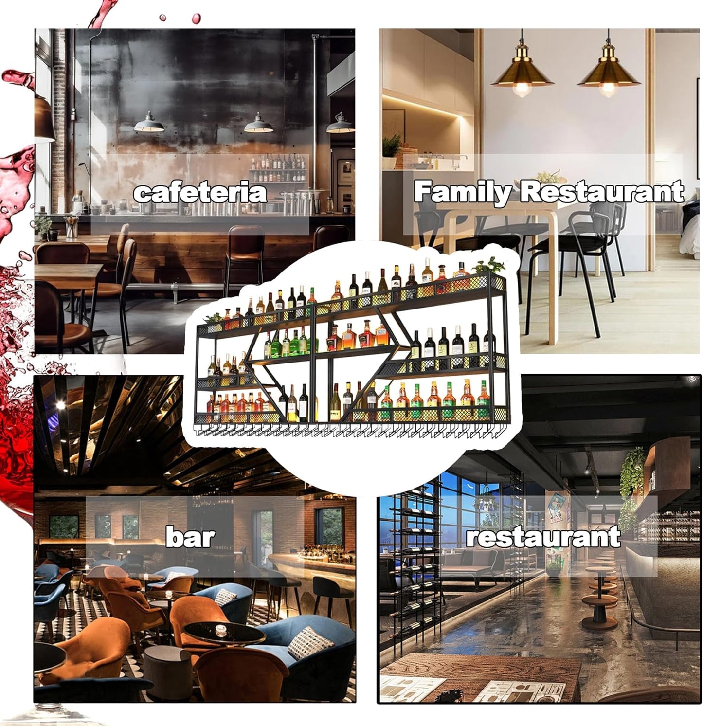 Wall Mounted Wine Rack with Glass Holder, 3-Tier Metal Storage Shelf, Black Diamond Design, Wine Bottle Display with Stemware Storage (Black, 78.74in/200cm)