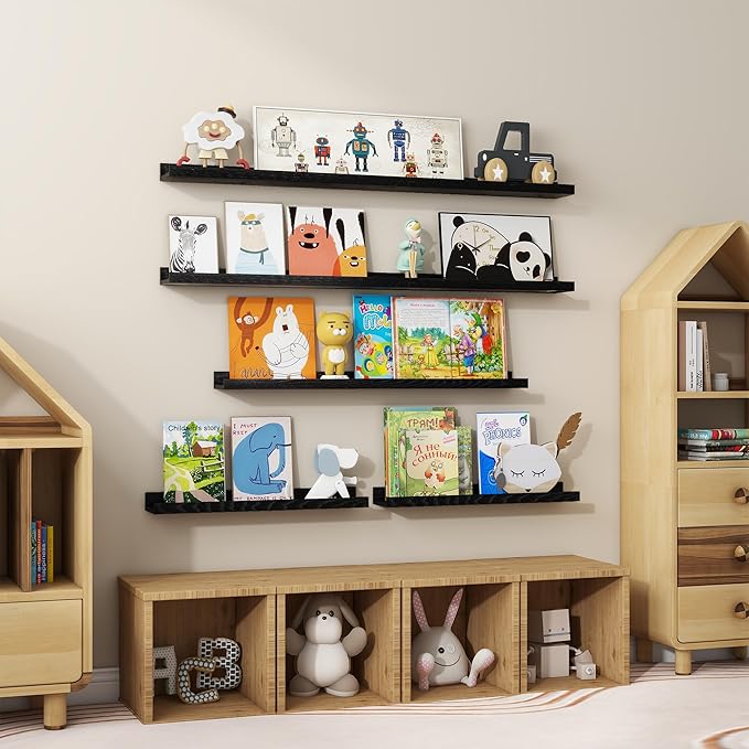 Floating Picture Ledge Shelves 48 Inch Solid Oak Wood Set of 2, Rustic Wall Storage Shelves with Lip, Kids Bookshelf, Photo & Picture Ledge Shelves for Bedroom, Living Room, Kitchen