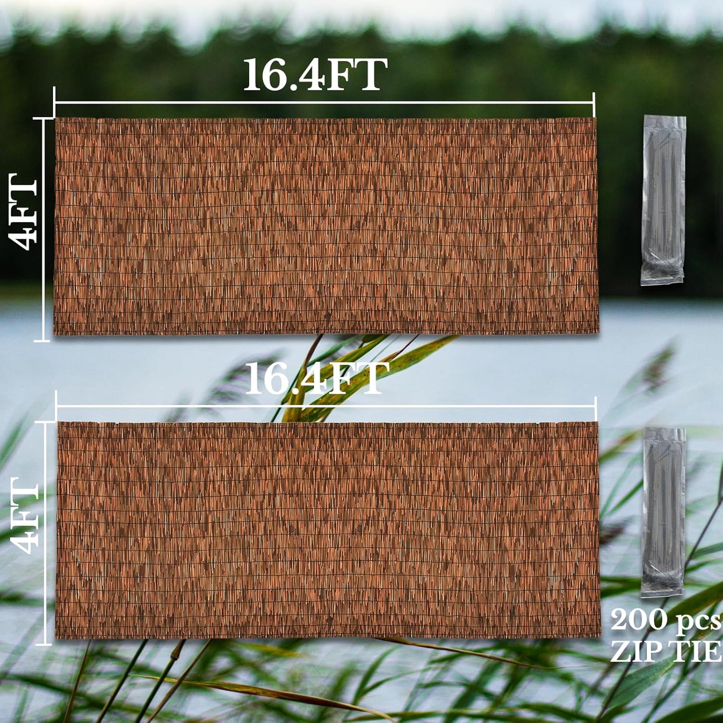 Brown 2 Pack 4FT X 16.4FT Reed Fencing Roll, Balcony Privacy Shade Reed Bamboo Fencing Garden Fence Border, Wind Block Sunshade Fence Screen for Outdoor Yard Patio Flower Bed Edge