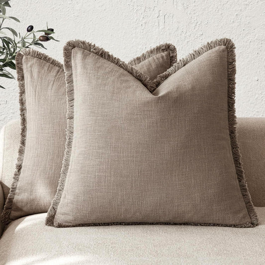 Foindtower Set of 2 Decorative Linen Fringe Throw Pillow Covers Boho Farmhouse Cushion Cover with Tassels Soft Accent Pillowcase for Couch Chair Sofa Bed Living Room Home Decor,18×18 Inch,Brown Tan