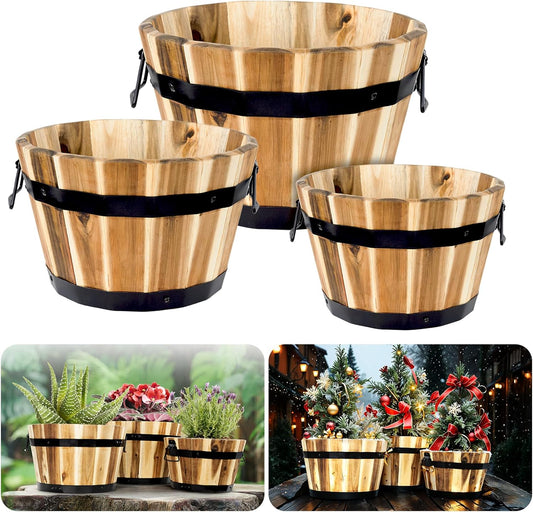 Idzo Set of 3 Wooden Flower Boxes Outdoor, Durable Acacia Wood Barrel Planters for Outdoor Plants with Ergonomic Handles, Drainage Holes, Multiple Sizes Wood Bucket Planter for Home Decor