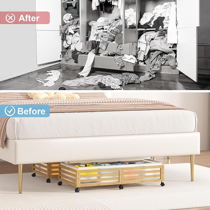 Under Bed Storage Containers With Wheels - 2 Pcs Large Bamboo Wood Rolling Underbed Shoe Storage Bins With Dust Bags for Clothes Blankets, Duvet Covers Snacks Toys (Natural)