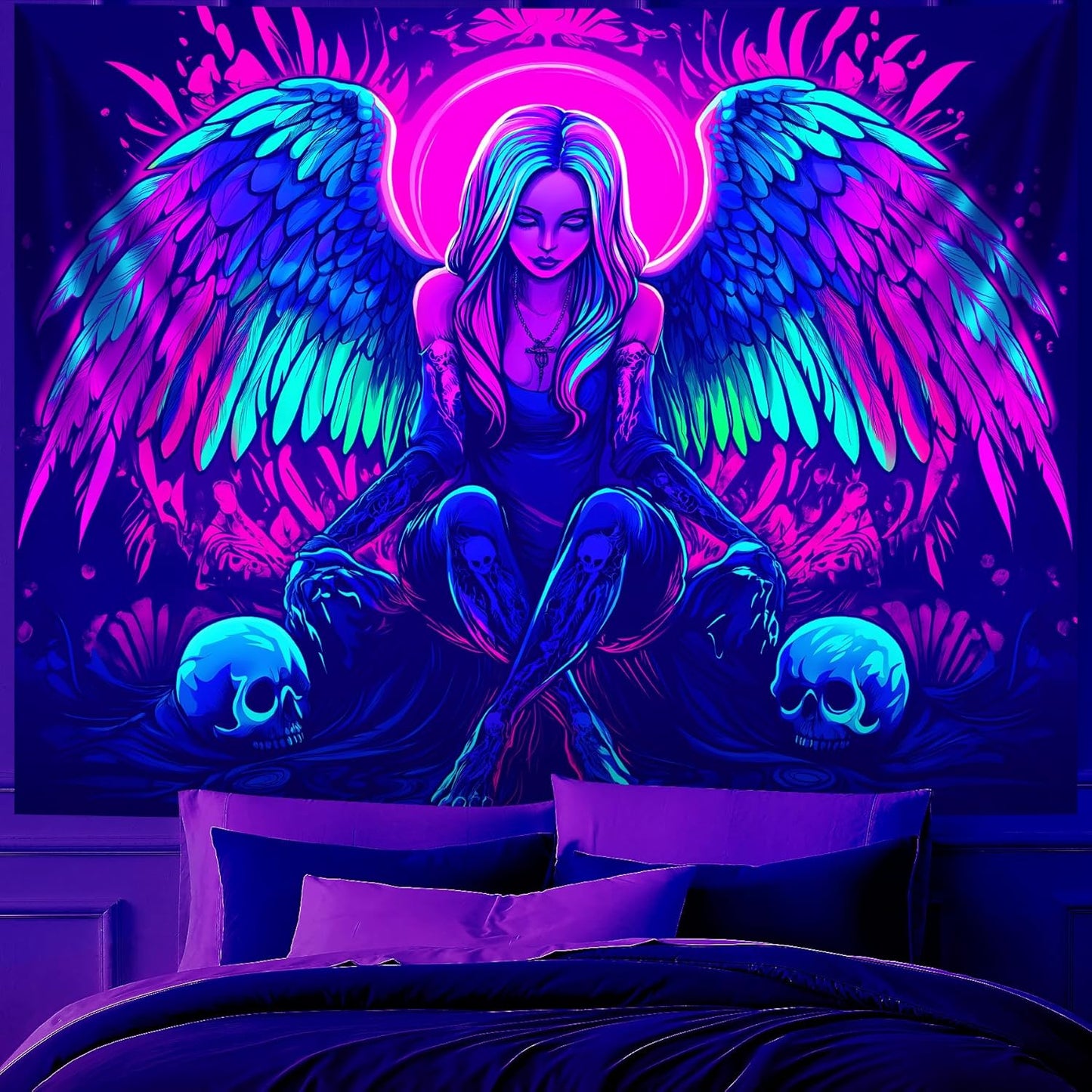 Blacklight Tapestry,WingTapestry Glow In The Dark,UV Reactive Black Light Upright Posters Wall Hanging for Bedroom Dorm Living Room Backdrop Decor (wing4, 79L" x 59W")
