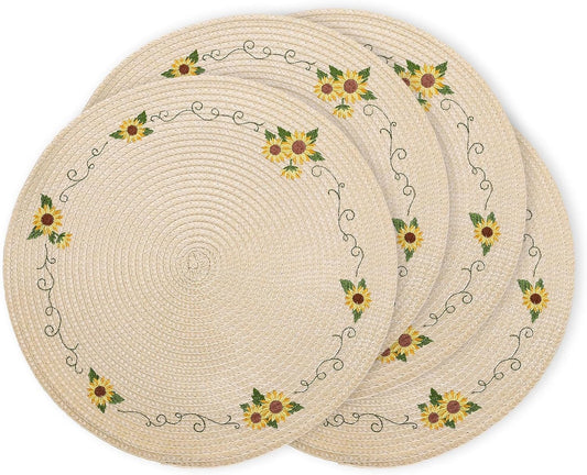 Whaline 4Pcs Round Sunflower Placemats Spring Summer Flower Embroidered Place Mats Floral Dinner Table Mats for Home Holiday Birthday Baby Shower Party Decor