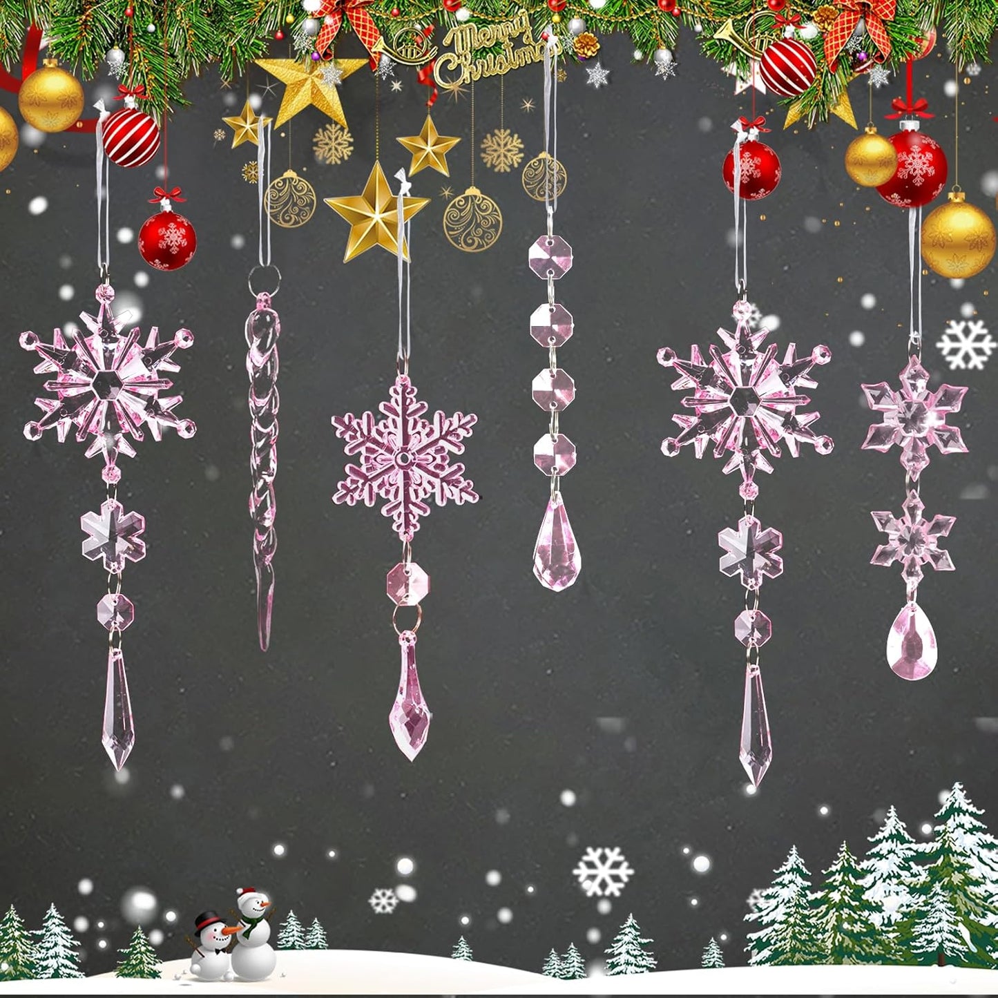 18pcs Crystal Christmas Ornaments for Christmas Tree Decorations-Pink Hanging Acrylic Snowflake and Icicle Ornaments with Drop Pendants for New Year Party Decorations Supplies