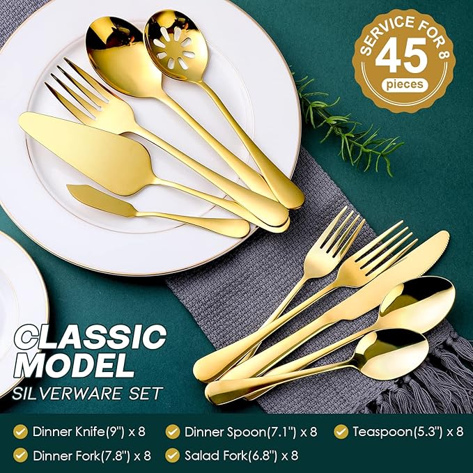 Gold Silverware Set for 8, OGORI 45-Piece Stainless Steel Flatware Set with Serving Set, Mirror Polished Cutlery Set with Serving Utensils Spoon for Kitchen Party Supply
