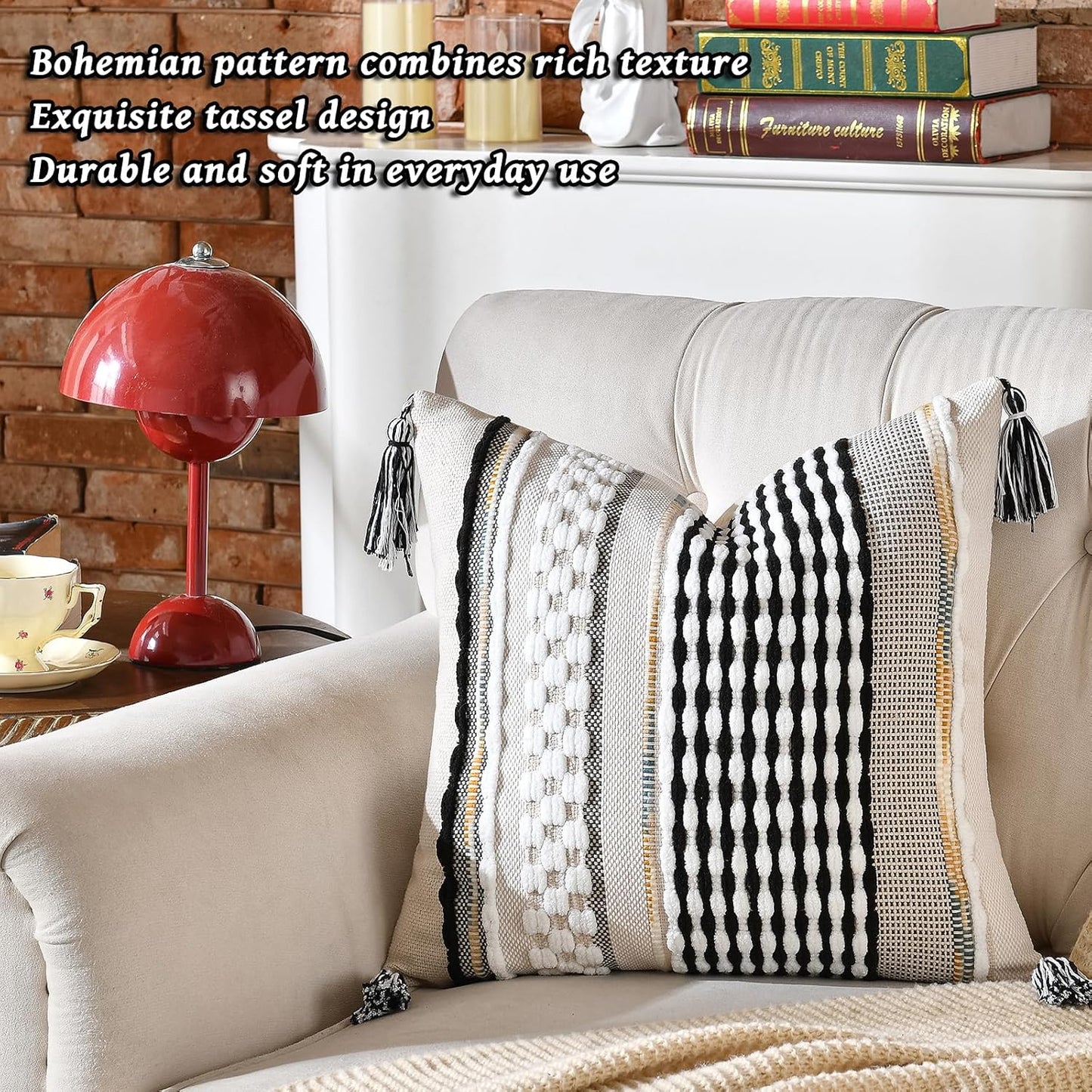 AmHoo Set of 2 Chenille Striped Textured Boho Throw Pillow Covers Aesthetic with Tassels Woven Decorative Pillow Case for Couch Bed Sofa Bedroom Modern Funky 18 x 18-Inch Black