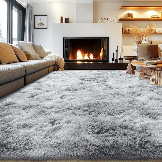 Rezutan Area Rugs 8x10 Living Room, Large Fluffy Rugs for Bedroom, Soft Carpet Shag Kids Room Rug,Fuzzy Rugs Indoor W/Non-Slip Bottom (Grey Tie-Dyed)