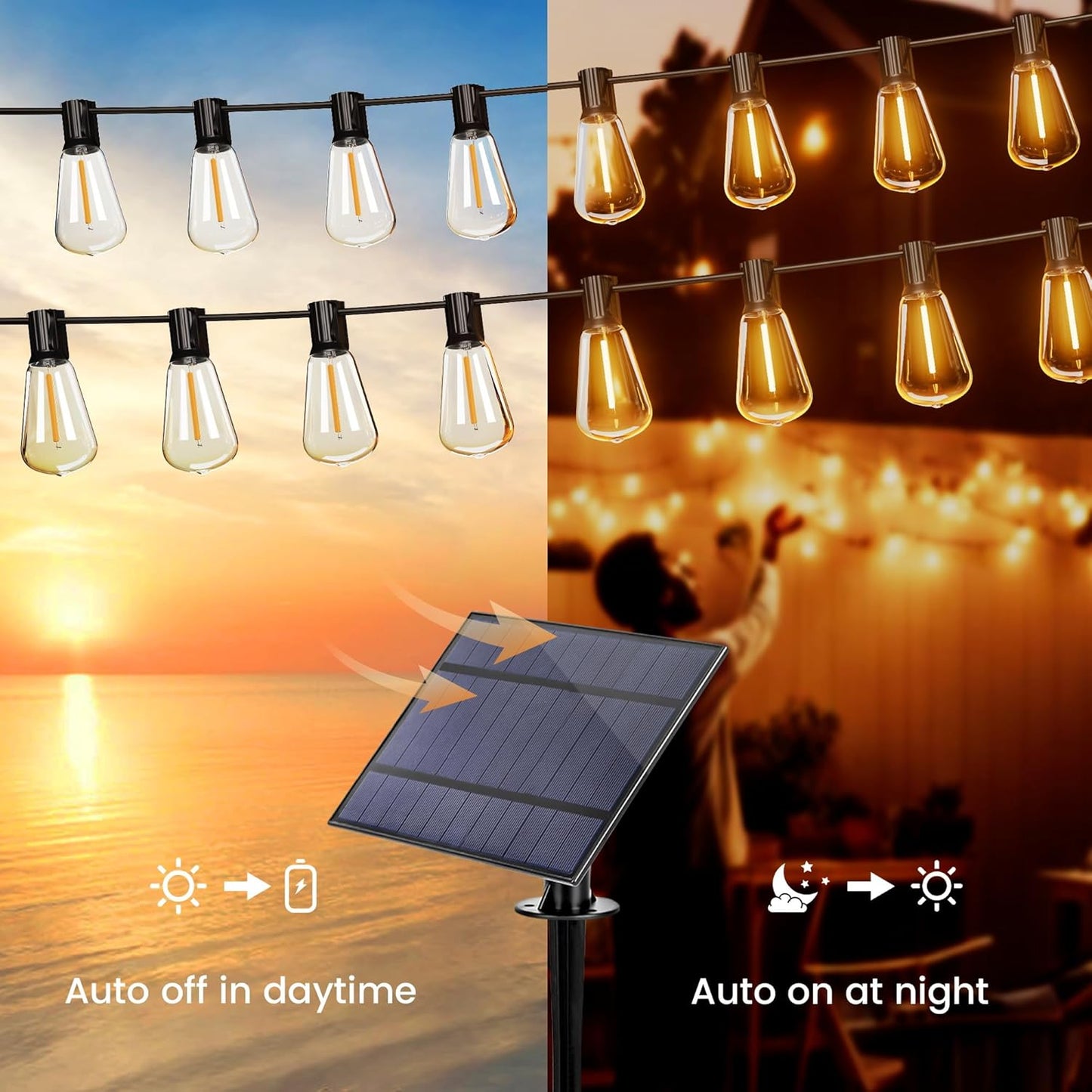 OHLUX 60FT Solar Globe String Lights Outdoor, Shatterproof Solar Patio Lights with Remote, 27 Dimmable ST38 LED Filament Bulbs, 2200K Soft Warm White Edison Hanging Light for Outside Canopy Deck