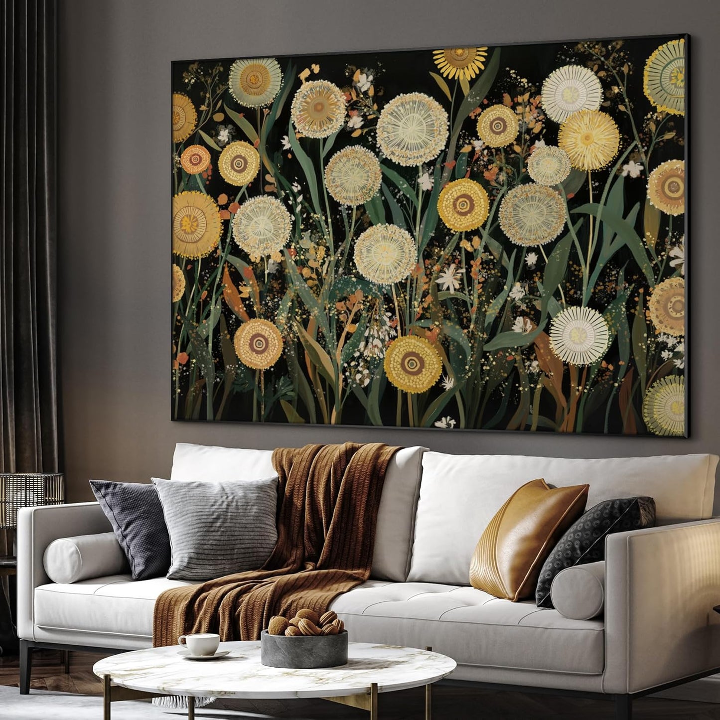 SIGNWIN 36"x46" Extra Large Framed Wall Art Whimsical Dandelion Field in Yellow and Green, Playful Botanical Print for Home Living Room Bedroom Decor (Frame Assembly Required)