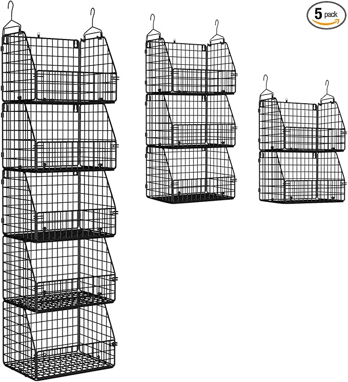 Stackable Wire Storage Baskets for Kitchen Closet Pantry, Hanging Closet Organizers Storage Shelves Organization, Wall Mount Metal Basket Bins, Clothing Vegetable & Fruit Organizer 5 pcs
