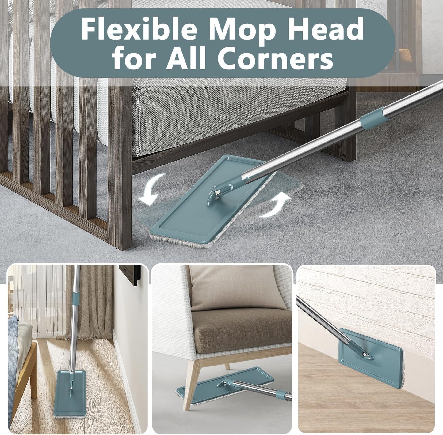 Aifacay Mop and Bucket with Wringer Set, Flat Wall Mop and Bucket Set with 4 Reusable Microfiber Pads, Hand Wash Free Floor Cleaning System Wet and Dry Use for Hardwood Tile Window Corner Baseboard