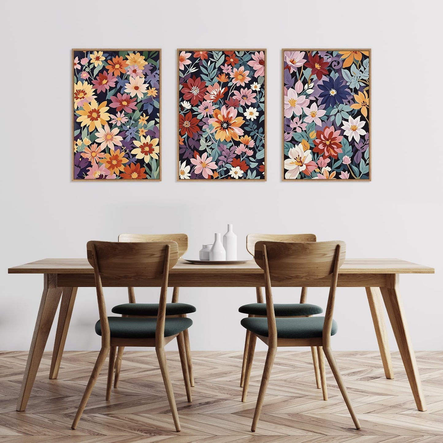 HLNIUC Boho Floral Framed Canvas Wall Art,Colorful Wildflower Landscape Wall Decor Set of 3(16”x24”)Rustic Bohemian Style Flower Art Print,Modern Botanical Floral Wall Painting for Living Room Bedroom