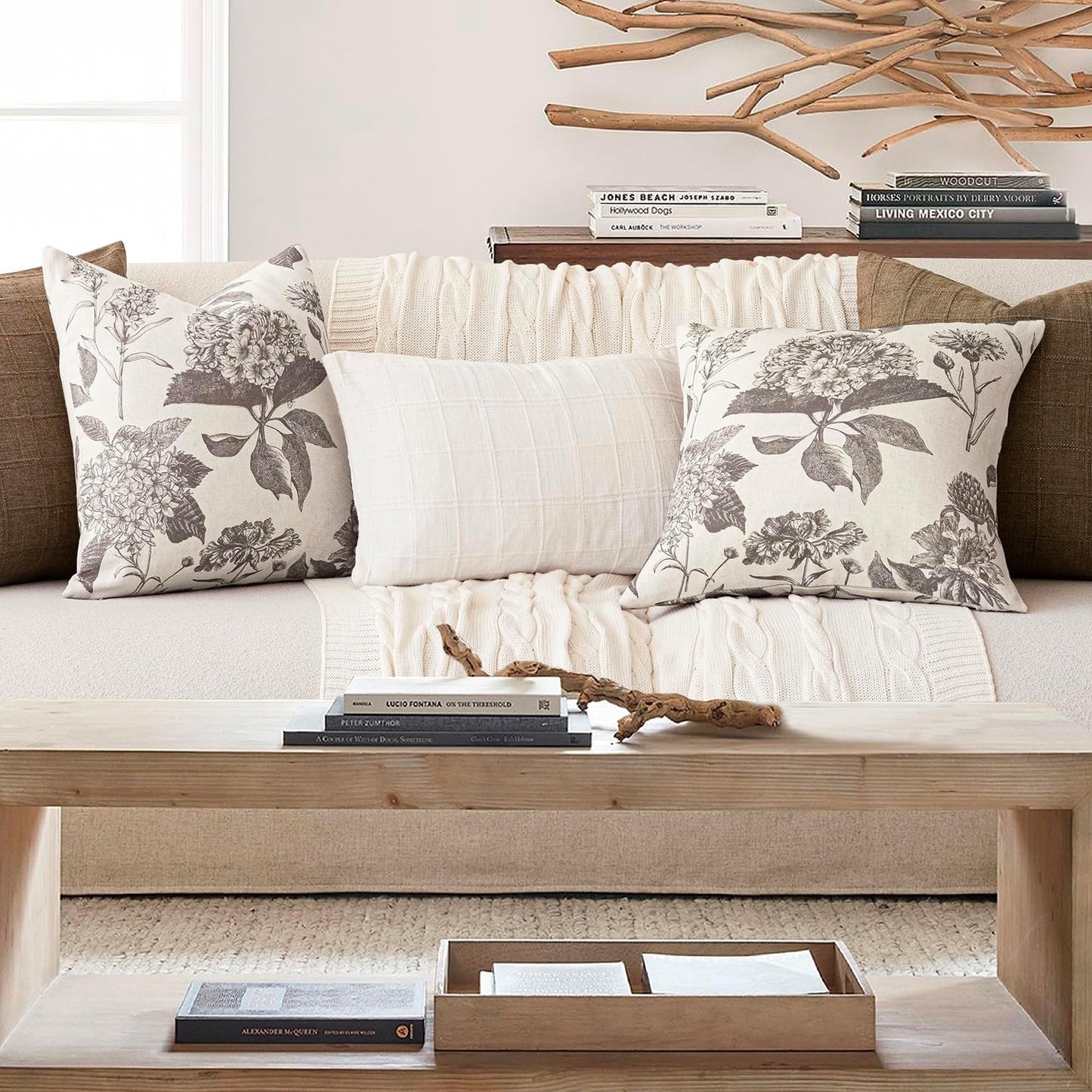 Foindtower Set of 2 Linen Floral Throw Pillow Covers Vintage Accent Print Decorative Cushion Covers Farmhouse Boho Home Decor for Sofa Chair Couch Bedroom Living Room Outdoor,24×24 Inch,Light Gray