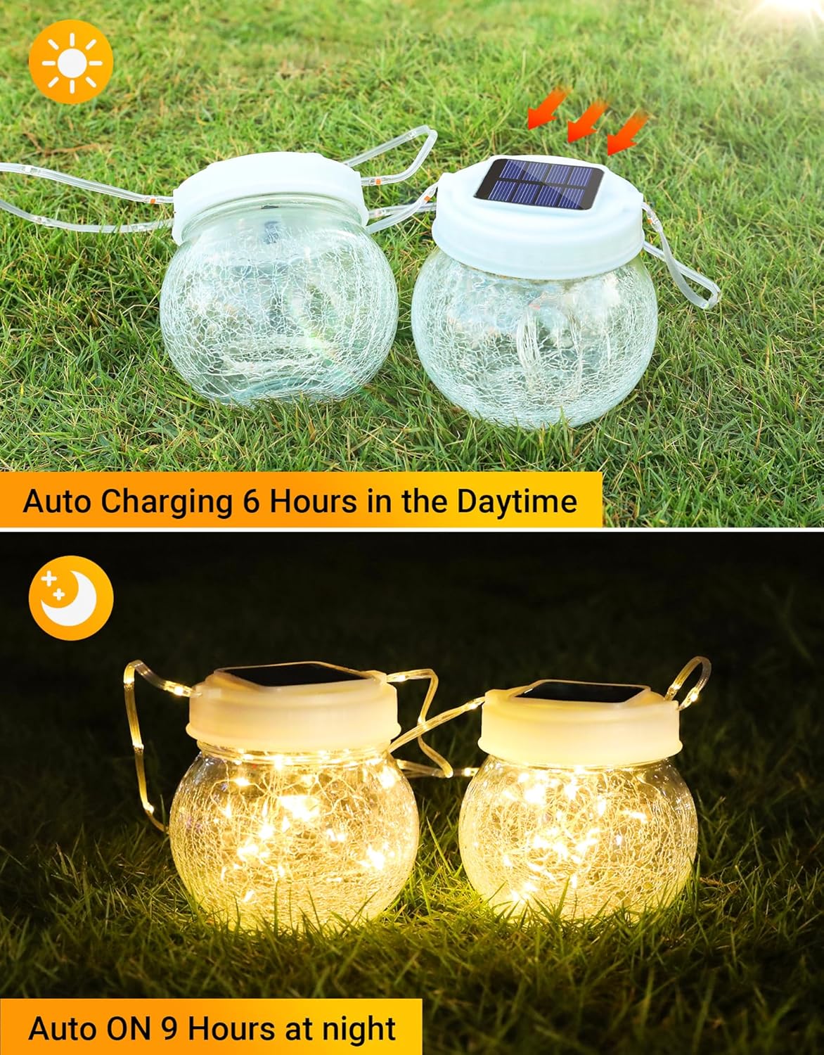 Solar Lantern Solar Lights Outdoor Waterproof 6-Pack, Solar Powered Hanging Lights Cracked Glass Hanging Globes for Christmas Decoration, Shepherd Hook, Garden Tree Ornaments, White Cap, Warm White