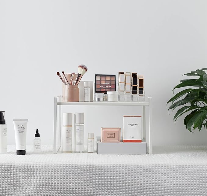 Nxconsu 2Pack Cabinet Shelves Stackable Organizer Rack Riser for Kitchen Cabinet Pantry Cupboard Counter Countertop Home Organization Storage Space Saver Heavy Duty Metal Nonslip White Tall