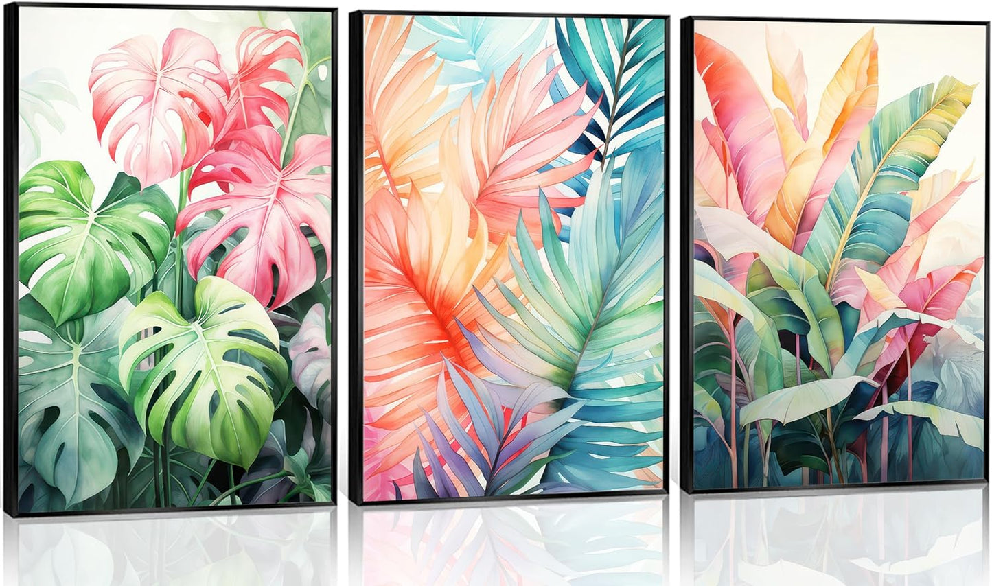 3pcs Tropical Botanical Canvas Wall Art Monstera Leaves Posters Botanical Prints Bohemian style Wall Decor Pictures Palm Leaves Paintings for Bathroom living room Decoration Unframed
