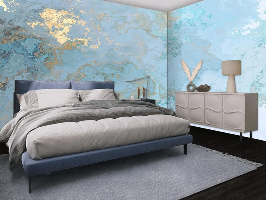 Abstract Wallpaper Blue Gold Marble Texture Wall Mural Wallpaper(Not Peel n' Stick)