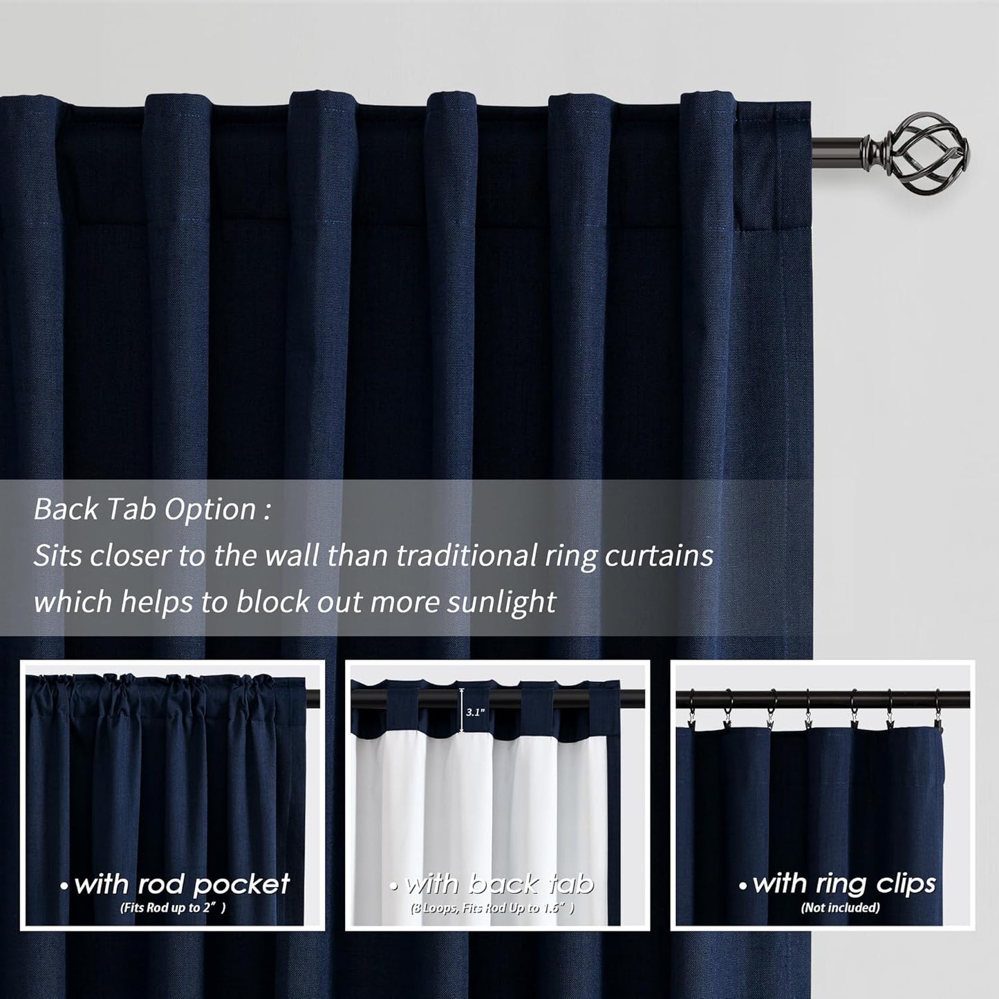 BOODII Navy Blue Linen 100% Blackout Curtains for Bedroom 102 Inch Long 2 Panels Window Curtain Floor to Ceiling Length for Living Room Sliding Glass Door Back Tab Room Darkening Drapes 52x102