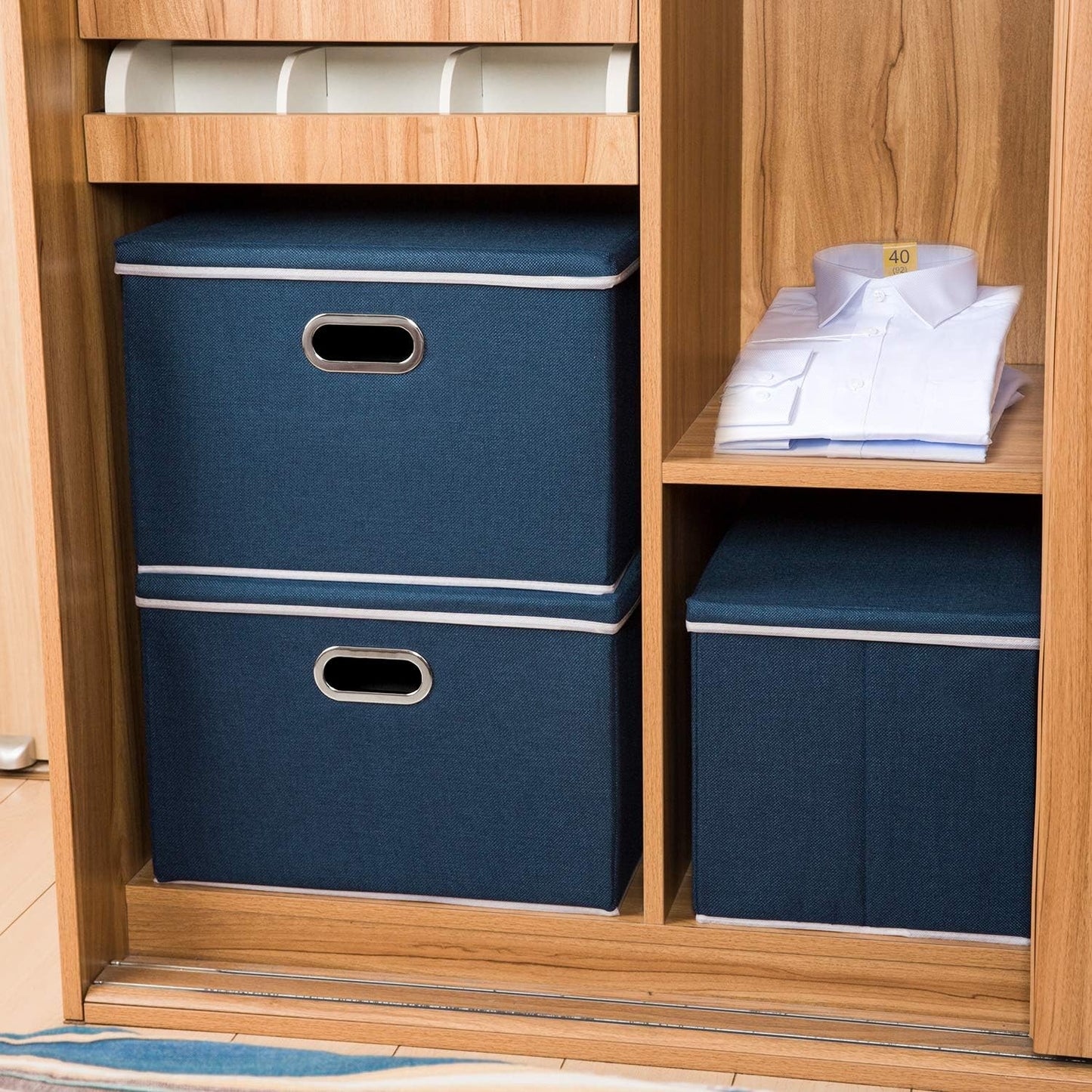 PRANDOM Large Collapsible Storage Bins with Lids [3-Pack] Fabric Foldable Storage Boxes Organizer Containers Baskets Cube with Cover for Home Bedroom Closet Office Royal Blue(17.7x11.8x11.8)