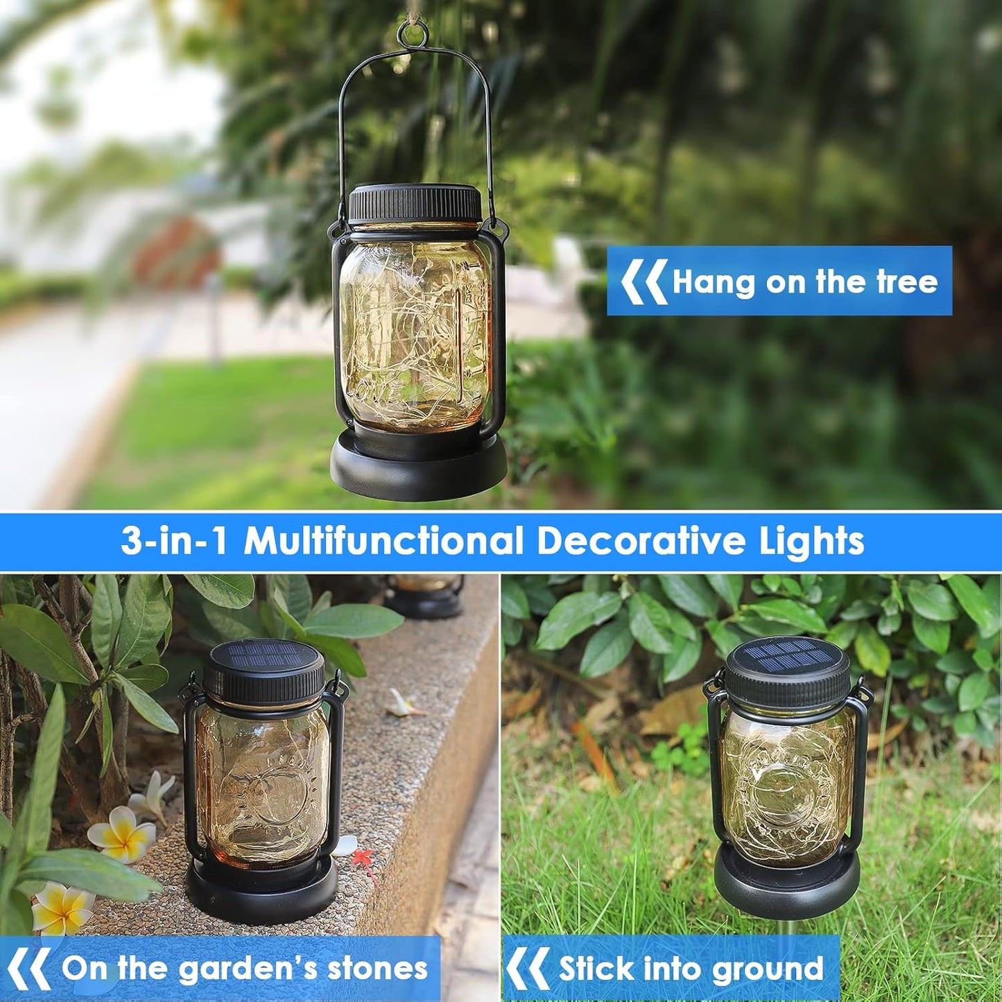 Mlambert Cool White 4 Pack Solar Hanging Mason Jar Lights with Stakes, Waterproof Decorative 30 LEDs Outdoor Solar Lantern Lamp Patio Garden Tree Yard