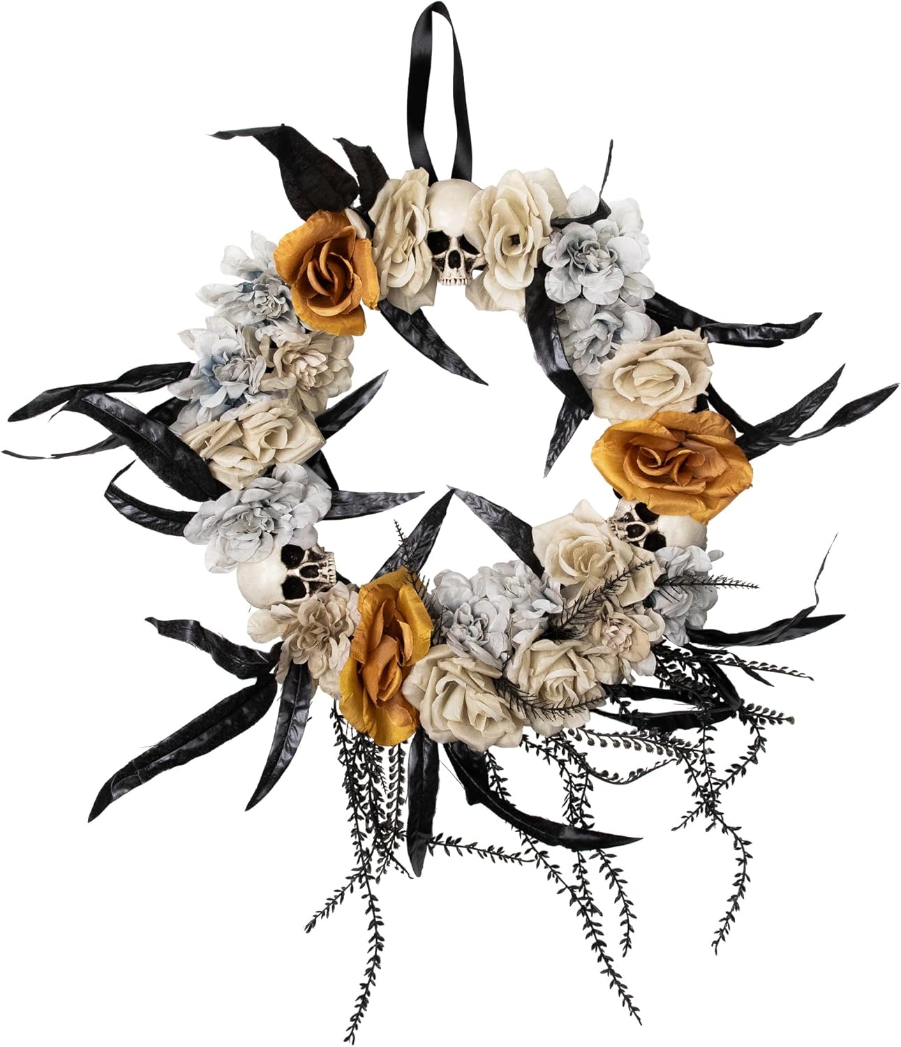 Skulls with Roses Halloween Foliage Wreath - 14" - Unlit