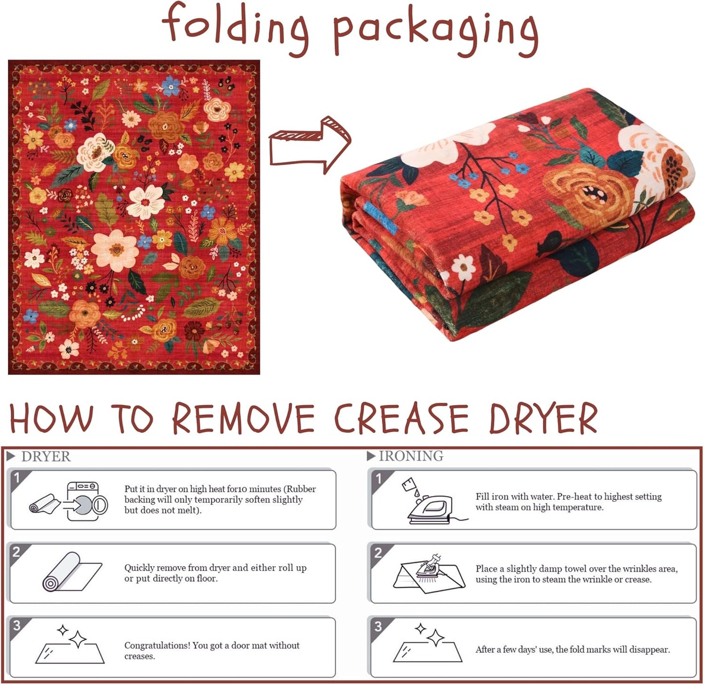 Door Mat Indoor Entrance 2x3 Rug Machine Washable Boho Floral Small Area Rug Non-Slip Low Pile Throw Rugs for Entryway, Kitchen, Front Door Indoor Entrance, Entry, Kids Room (Red)