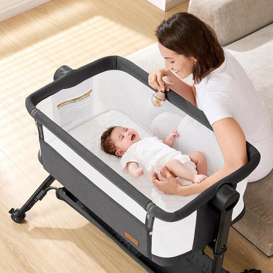 Bassinet Bedside Sleeper - All-Mesh Design, Portable Bedside Bassinet for Baby with Washable Mattress, 5 Adjustable Heights (Black)