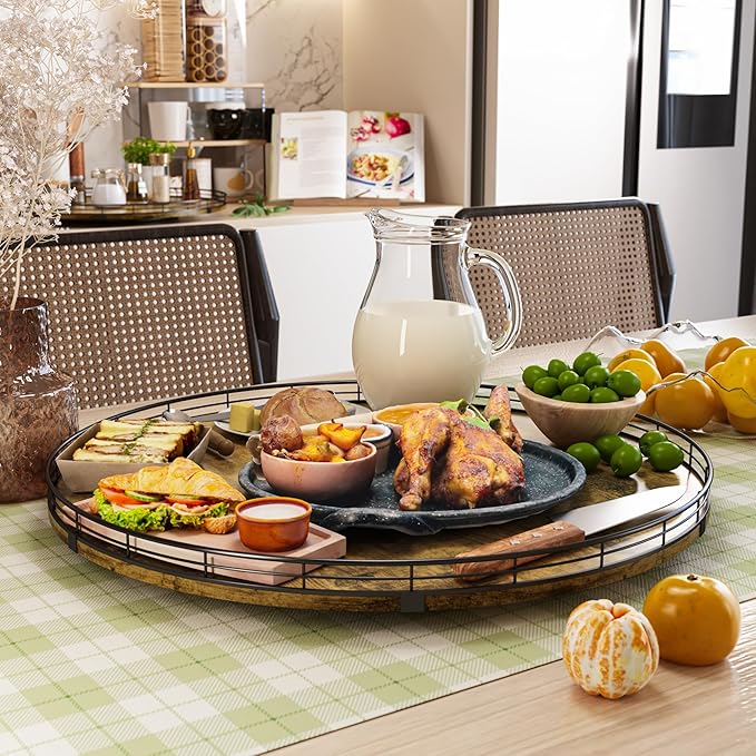 Lazy Susan Turntable Organizer for Table Top, 21’’ Round Wooden Lazy Susan for Cabinet Kitchen Countertop Pantry Dining Coffee Table for Condiments Spices, Rustic Bathroom Vanity Tray for Soap Candle