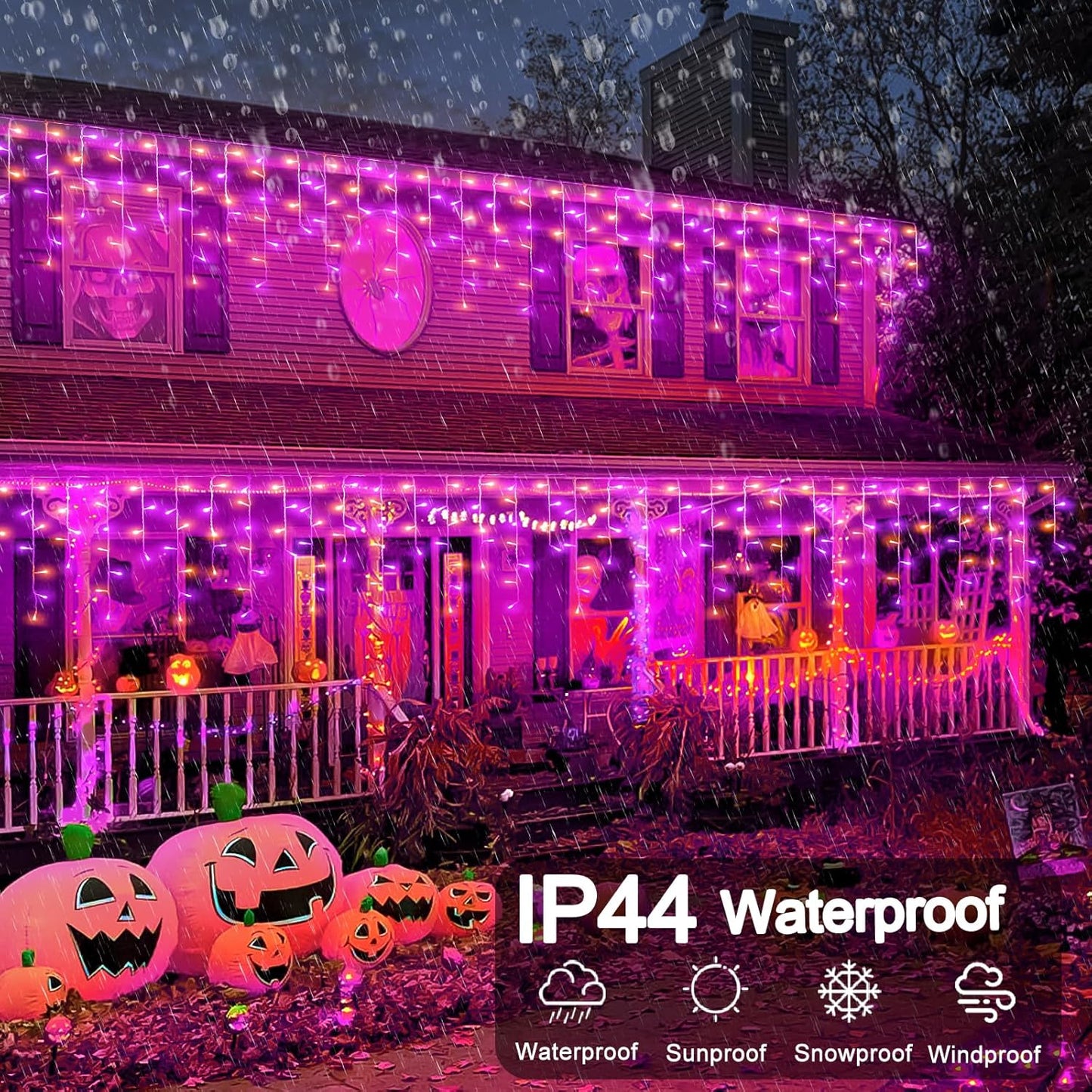 66ft Halloween Lights Outdoor, 640 LED Icicle Lights for Outside, Orange and Purple Twinkle Lights with Connectable Clear Wire 8 Modes Timer Waterproof for House Party Tree Holiday Yard Decorations