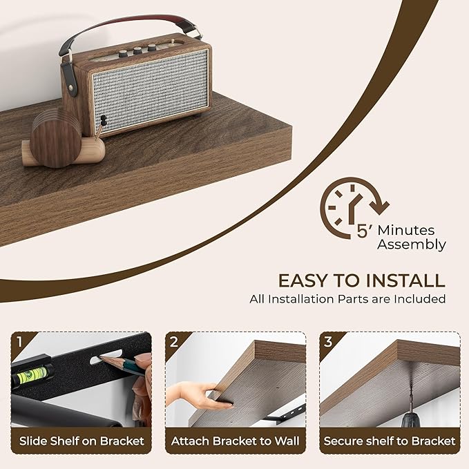 RICHFOCUS 55Inch Floating Shelves for Wall 2 Pack Shelves for Bedroom|Kitchen|Bathroom Wall Mounted Rustic Wood Floating Shelf with Invisible Brackets for Books|Storage|Decor, Walnut