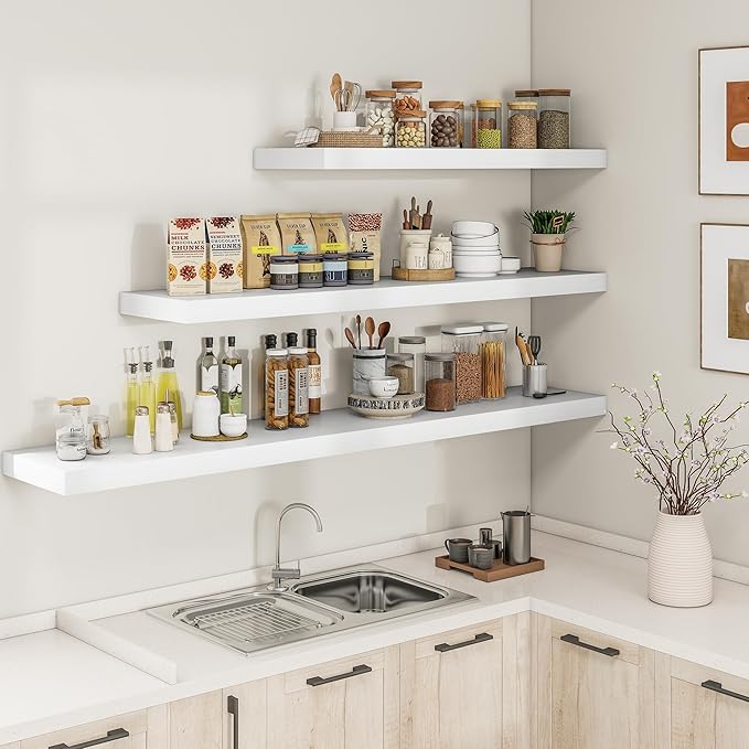 RICHFOCUS 40Inch Floating Shelves for Wall 2 Pack Shelves for Bedroom|Kitchen|Bathroom Wall Mounted Rustic Wood Floating Shelf with Invisible Brackets for Books|Storage|Decor, White