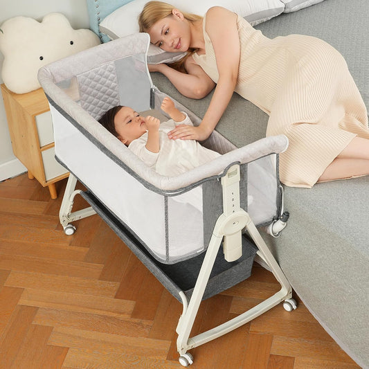 Baby Bassinet Bedside Sleeper for Baby,Bedside Bassinet with Wheels and Storage Basket,All Mesh 6 Height Adjustable Easy to Assemble Bedside Crib (Upgrade Grey)