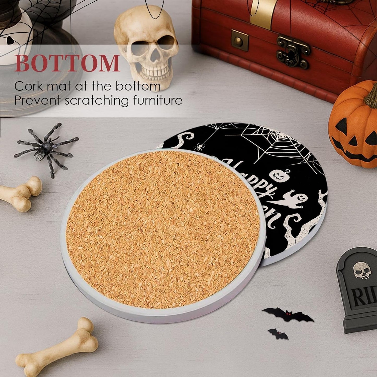 Coaster for Drinks Set of 6, Happy Halloween Pumpkin Spider Web Black Absorbent Round Ceramic Stone Mat, with Cork Base and Metal Holder, Gift for Housewarming Room Bar Decor